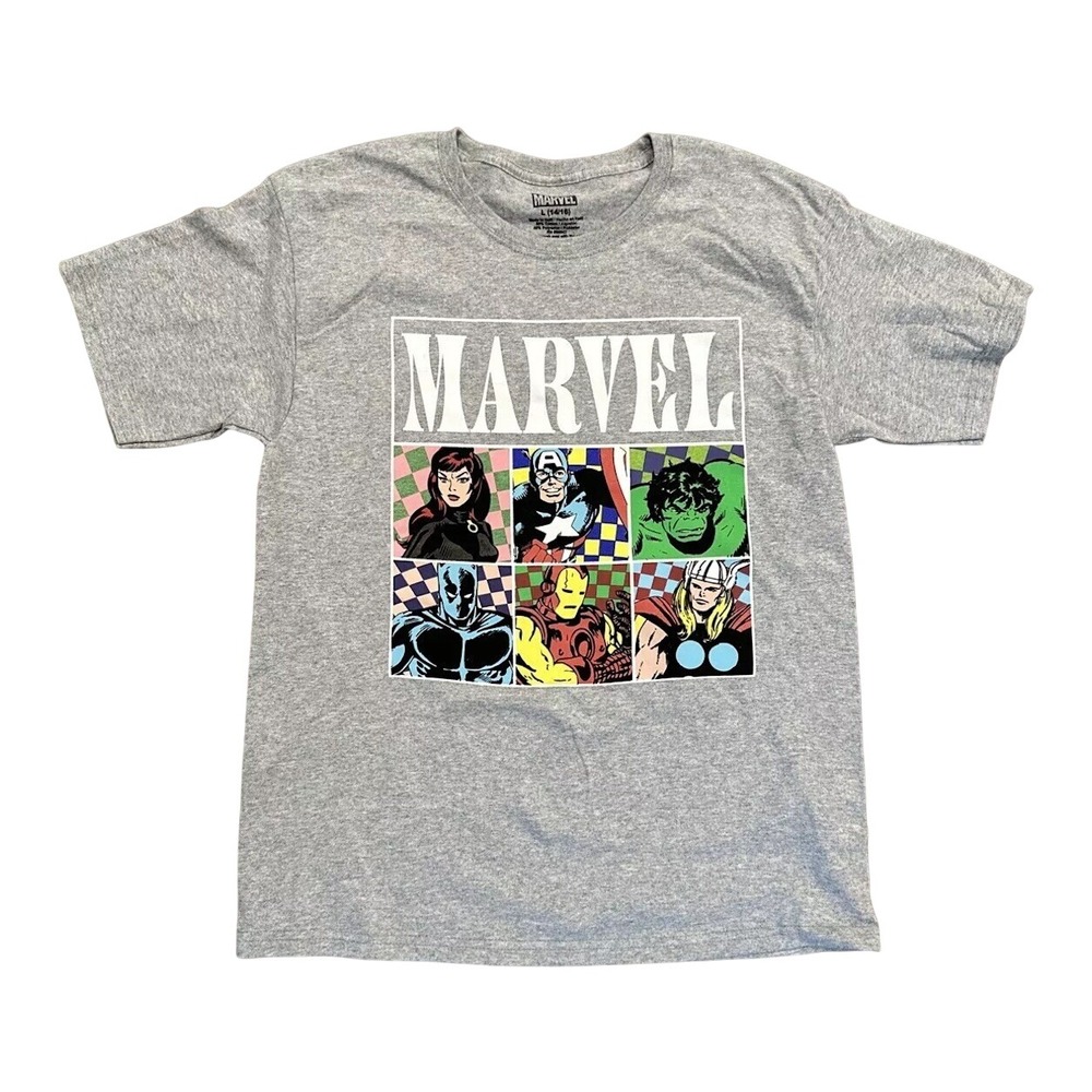 Marvel Avengers Youth Large 14/16 T-Shirt Grey Retro Comic 6-Panel Pop Art NWOT